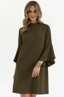 ukienka trapezowa z zerokii rękawai - khaki Sukienki Koktajlowe|Sukienki