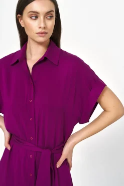 New ukienka z wiązanie i kołnierzykie - purpurowa Sukienki