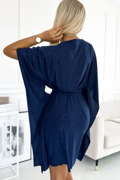 Online ukienka z wiązanie w taii - granatowa z brokate Midi|Midi