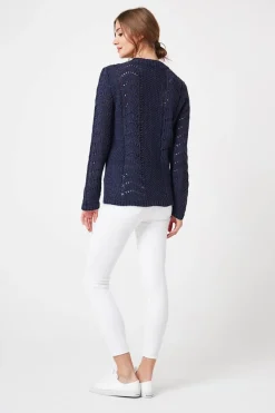 Discount Sweter ażurowy z długim rękawem - jeansowy Swetry