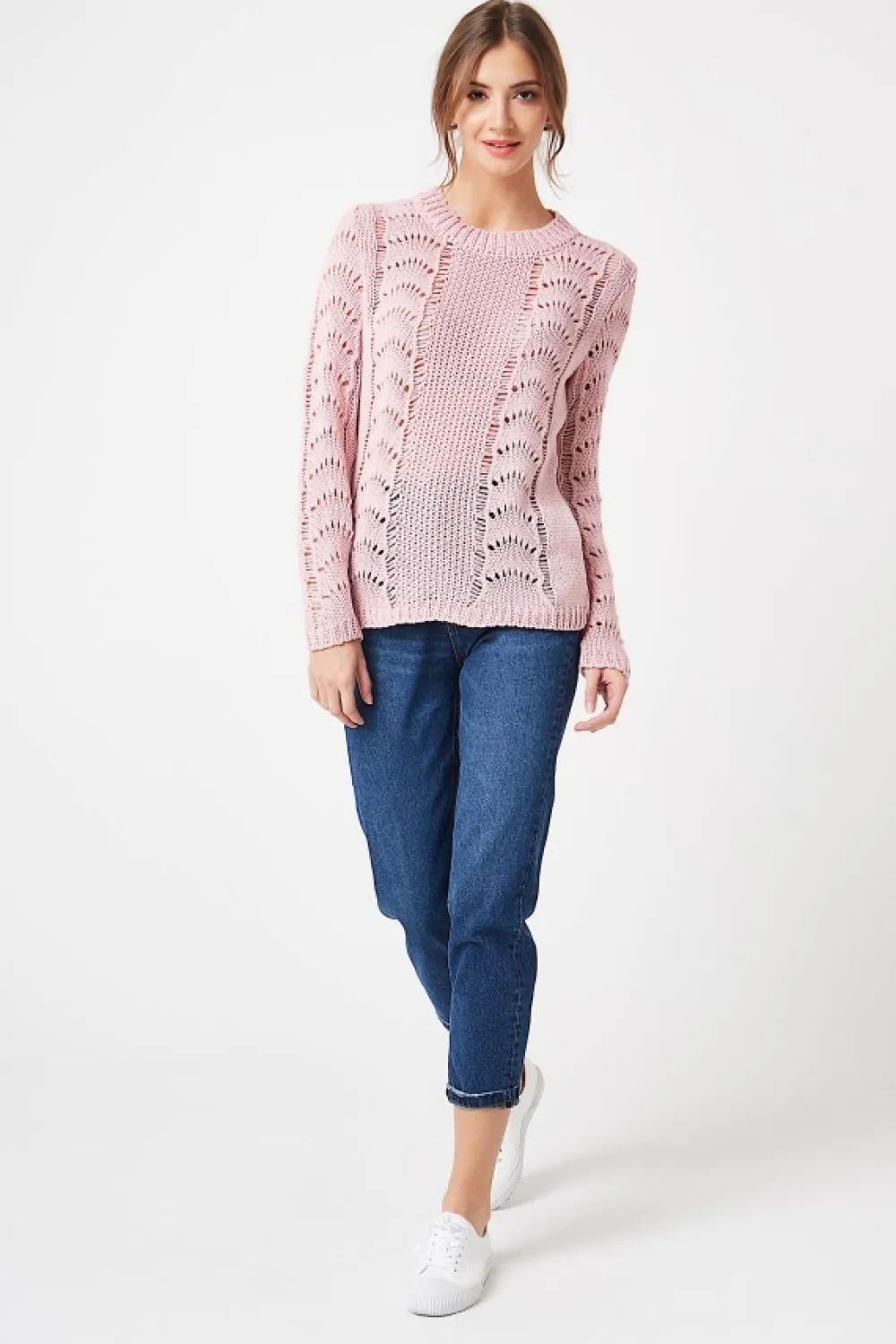 New Sweter ażurowy z długim rękawem - pudrowy róż Swetry