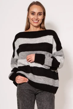 Sale Sweter oversize w paski - czarno-szary Swetry