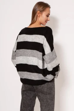 Sale Sweter oversize w paski - czarno-szary Swetry