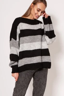 Sale Sweter oversize w paski - czarno-szary Swetry