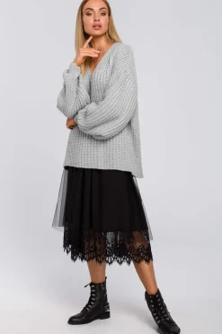 Outlet Sweter oversize z dekoltem w serek - popielaty Swetry