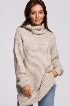 Sweter oversize z golfem - beżowy Swetry
