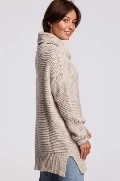Sweter oversize z golfem - beżowy Swetry