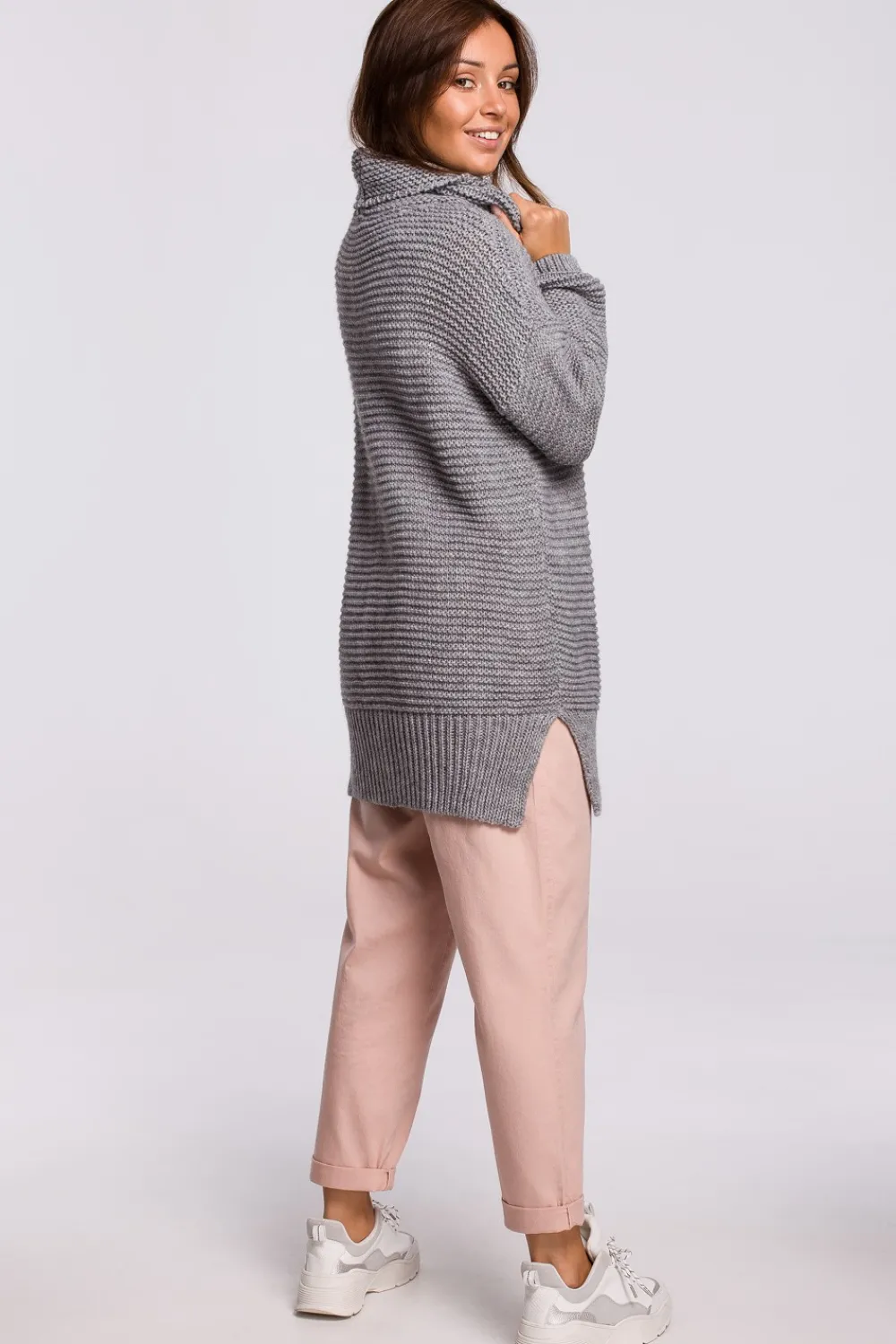 Best Sweter oversize z golfem - szary melanż Swetry