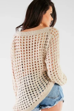 Sweter oversize z luźnymi rękawami - beżowy Swetry