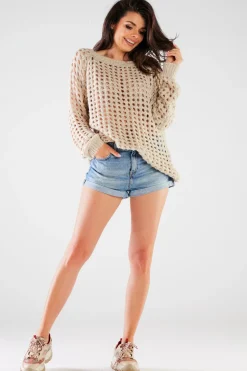 Sweter oversize z luźnymi rękawami - beżowy Swetry