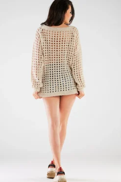 Sweter oversize z luźnymi rękawami - beżowy Swetry