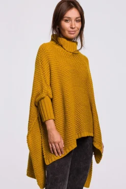 New Sweter ponczo z rękawami i golfem - miodowy Swetry