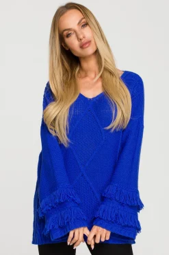 Outlet weter w tyu boho z frędzai - zafirowy Swetry