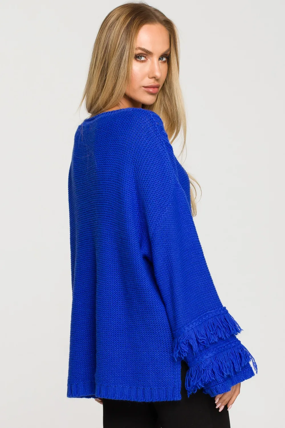 Outlet weter w tyu boho z frędzai - zafirowy Swetry