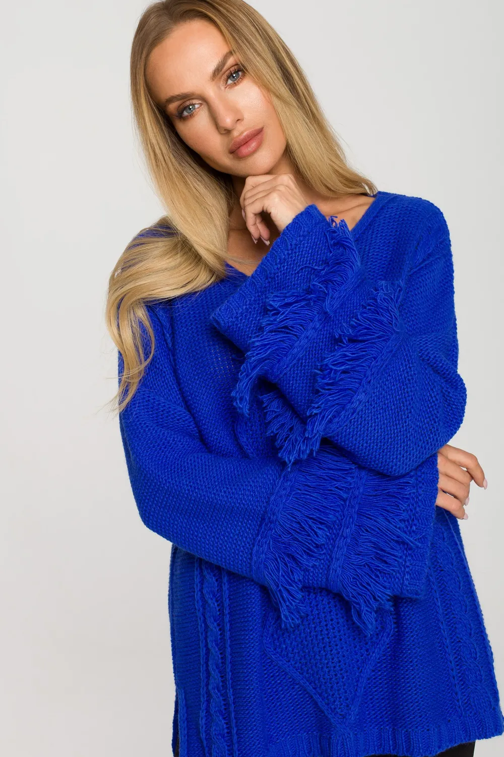 Outlet weter w tyu boho z frędzai - zafirowy Swetry