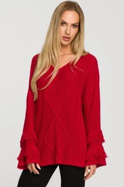 Sweter w stylu boho z frędzlami - malinowy Swetry