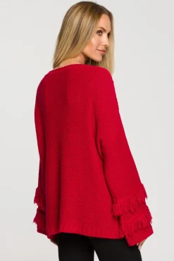 Sweter w stylu boho z frędzlami - malinowy Swetry