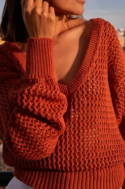 Sale Sweter z dużymi oczkami - pomarańczowy Kolory I Printy Sezonu|Swetry