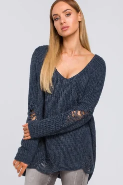 Outlet Sweter z dziurami - jeansowy Swetry
