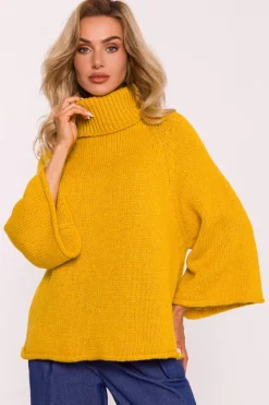 Outlet Sweter z golfem i szerokimi rękawami – miodowy Swetry
