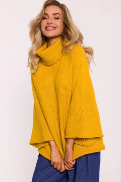 Outlet Sweter z golfem i szerokimi rękawami – miodowy Swetry