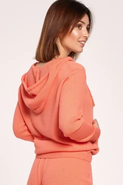 Discount Sweter z kapturem i kieszenią kangurek - koralowy Swetry