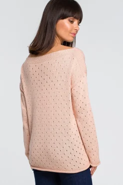 Outlet Sweter z oczkami - brzoskwiniowy Swetry