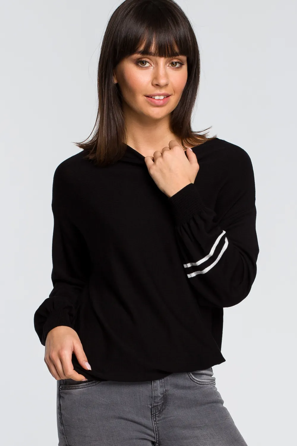 Discount Sweter z szerokimi rękawami i lampasem - czarny Swetry