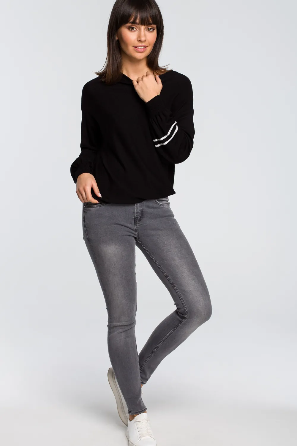 Discount Sweter z szerokimi rękawami i lampasem - czarny Swetry