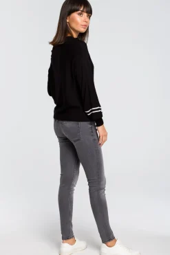 Discount Sweter z szerokimi rękawami i lampasem - czarny Swetry
