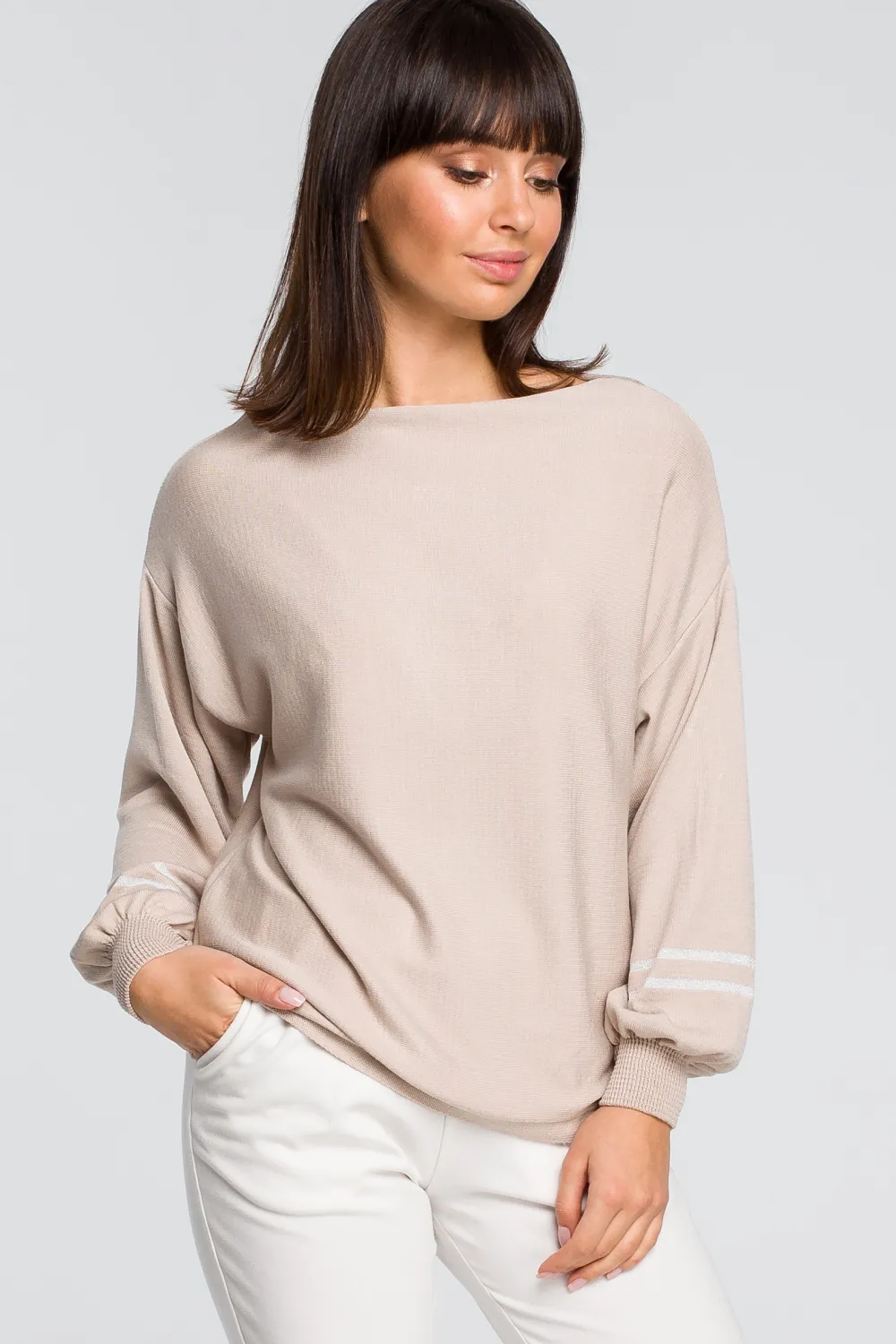 Discount Sweter z szerokimi rękawami i lampasem - beżowy Swetry