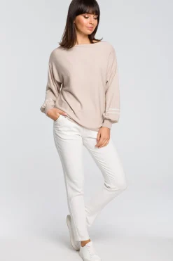 Discount Sweter z szerokimi rękawami i lampasem - beżowy Swetry