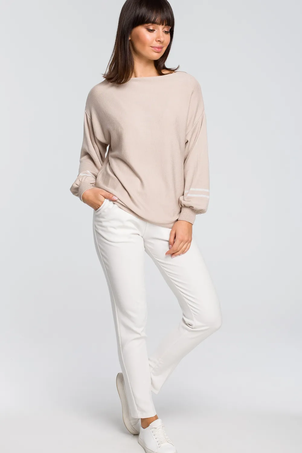 Discount Sweter z szerokimi rękawami i lampasem - beżowy Swetry