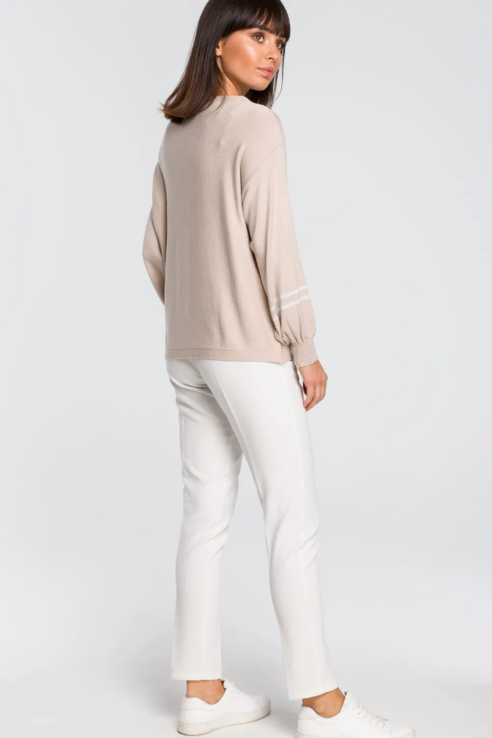 Discount Sweter z szerokimi rękawami i lampasem - beżowy Swetry