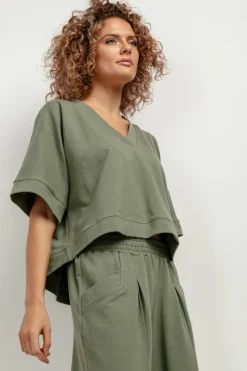 zeroka buza z krótki rękawe i dekote V - zieona Bluzy|Bluzki