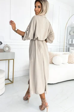 Best Szmizjerka midi ze złotymi guzikami i wiązaniem - beżowa Sukienki|Midi