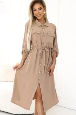 Clearance Szmizjerka midi ze złotymi guzikami i wiązaniem - mocha mousse Sukienki