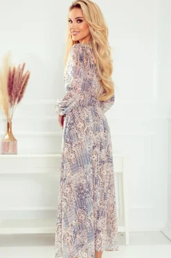 Discount zyfonowa ukienka axi - boho beżowo-niebieki Maxi|Sukienki