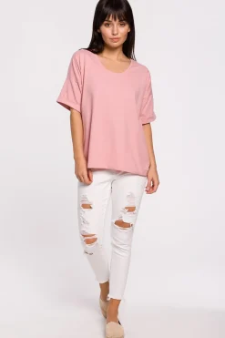 Sale T-hirt overize z okrągły dekote - różowy Odzież Casualowa|Bluzki