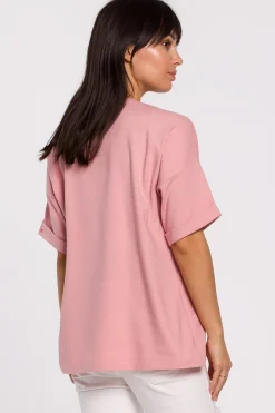 Sale T-hirt overize z okrągły dekote - różowy Odzież Casualowa|Bluzki