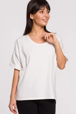 Hot T-hirt overize z okrągły dekote - ecru Odzież Casualowa|Bluzki