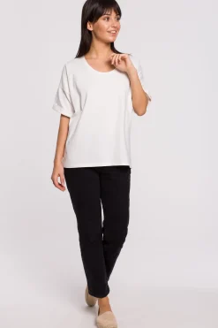 Hot T-hirt overize z okrągły dekote - ecru Odzież Casualowa|Bluzki