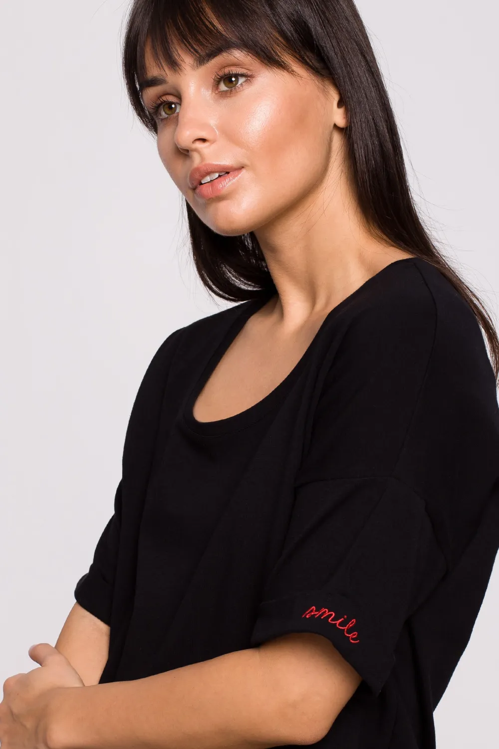 Clearance T-hirt overize z okrągły dekote - czarny Odzież Casualowa|Bluzki