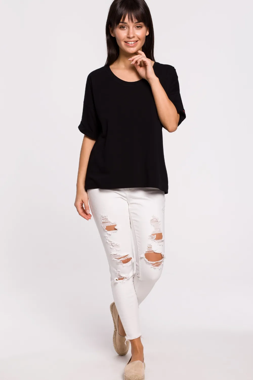 Clearance T-hirt overize z okrągły dekote - czarny Odzież Casualowa|Bluzki
