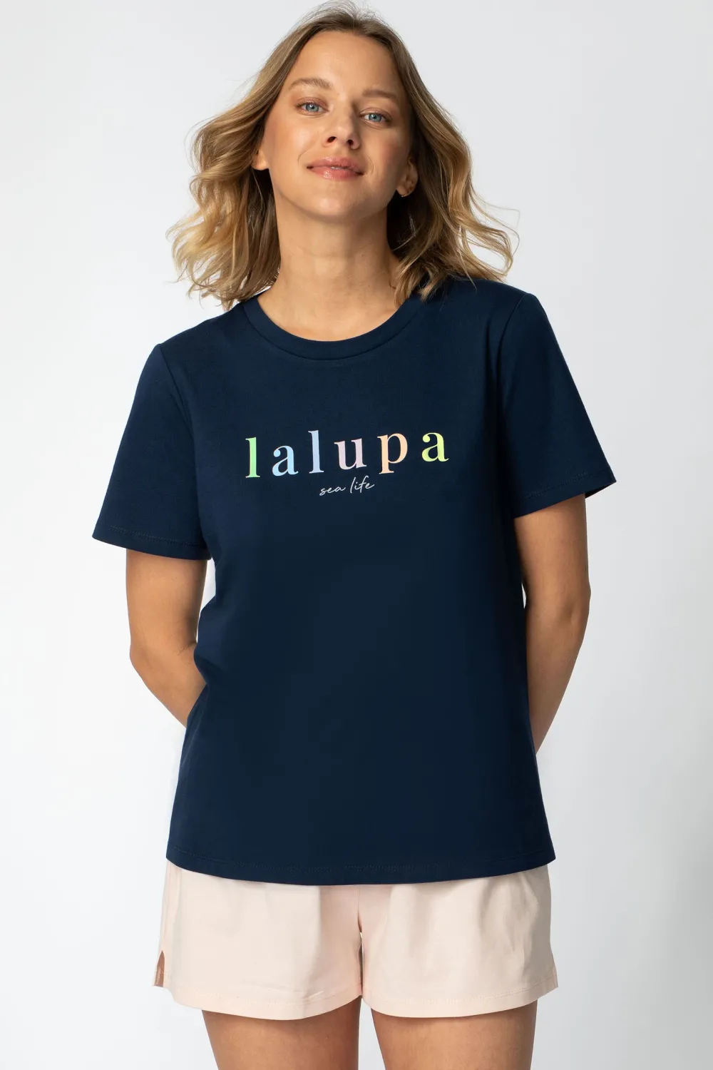 Discount T-hirt z nadrukie z przodu - granatowy Odzież Casualowa|Bluzki
