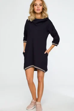 New Tunika z kapture i ściągacze - granatowa Sukienki Dzianinowe|Sukienki