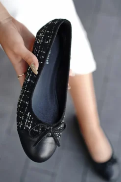 Sale Tweedowe baleriny z kokardą Selah - czarne Baleriny|Buty