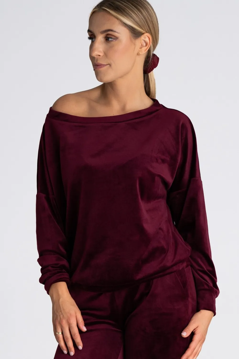 Welurowa bluza damska oversize - bordowa Odzież Casualowa|Bluzy