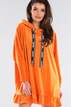 Outlet Welurowa bluza oversize z falbanką - pomarańczowa Odzież Casualowa|Bluzy