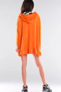 Outlet Welurowa bluza oversize z falbanką - pomarańczowa Odzież Casualowa|Bluzy